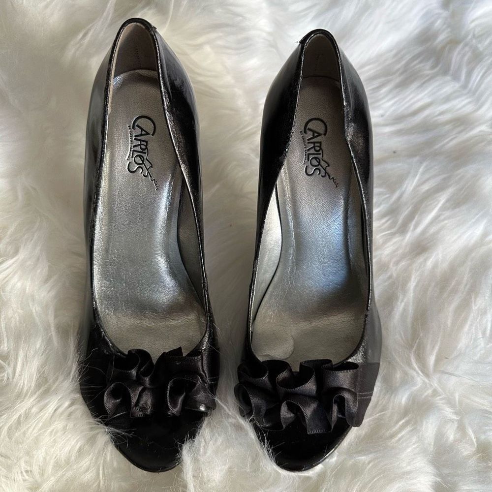 Carlos by Carlos Santana  black peep toe heel, satin black front detailing
